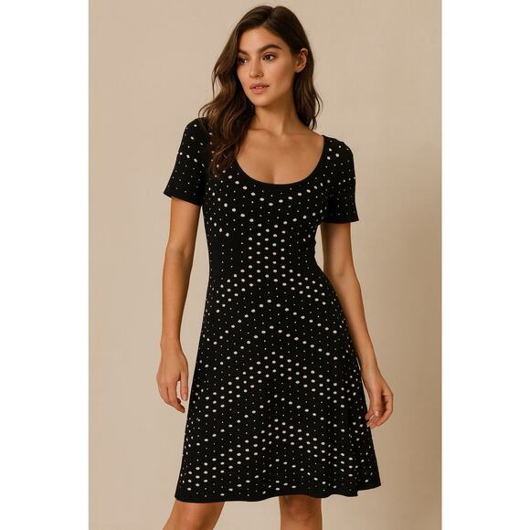 Milly Pointelle Knit Sweater Dress M Black White Fit & Flare Scoop Neck $395 - Picture 2 of 14